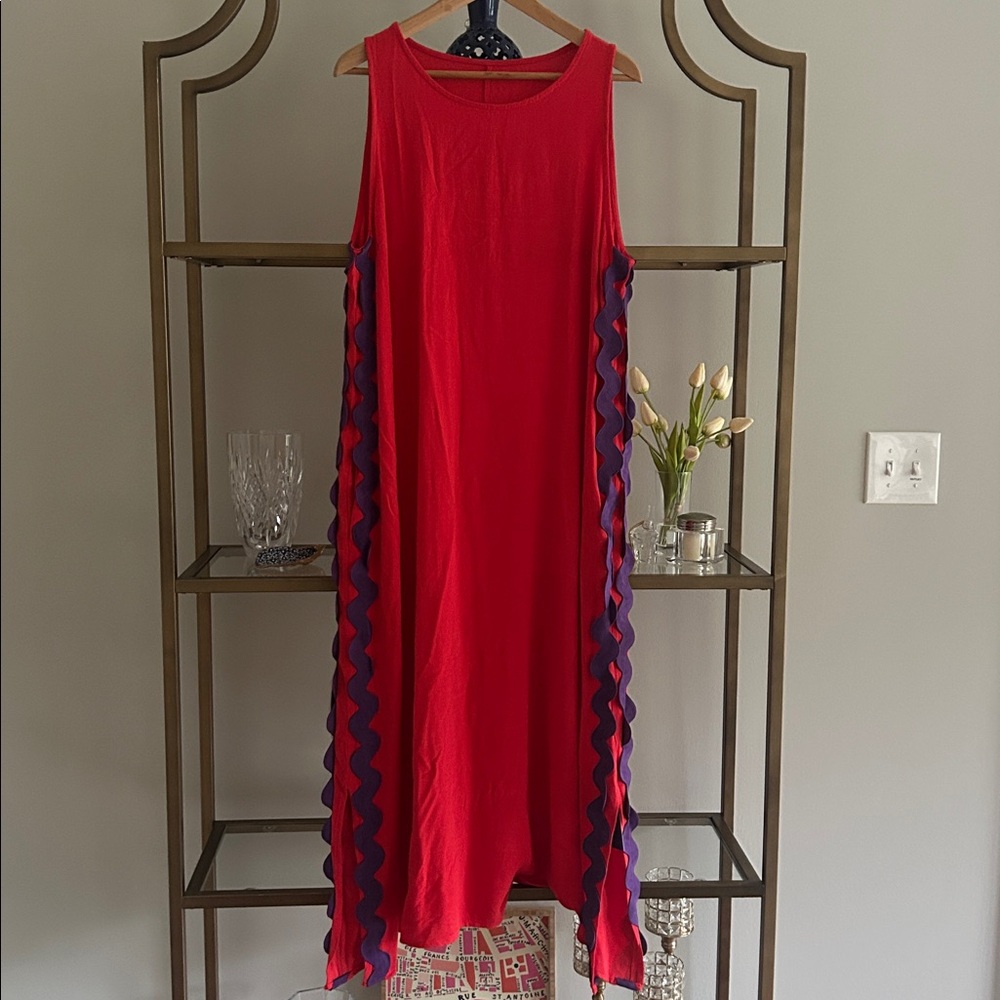Red Sleeveless Maxi Dress with Purple Accent Trim